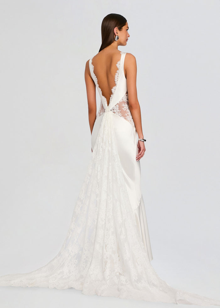 Analuisa Lace Dress back view showing a deep V open back with lace panels and satin sides media 1 of 6