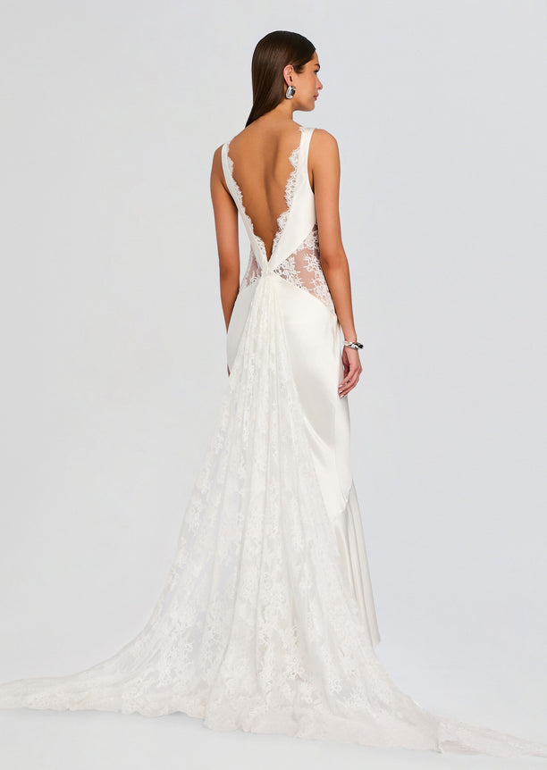 Analuisa Lace Dress back view showing a deep V open back with lace panels and satin sides