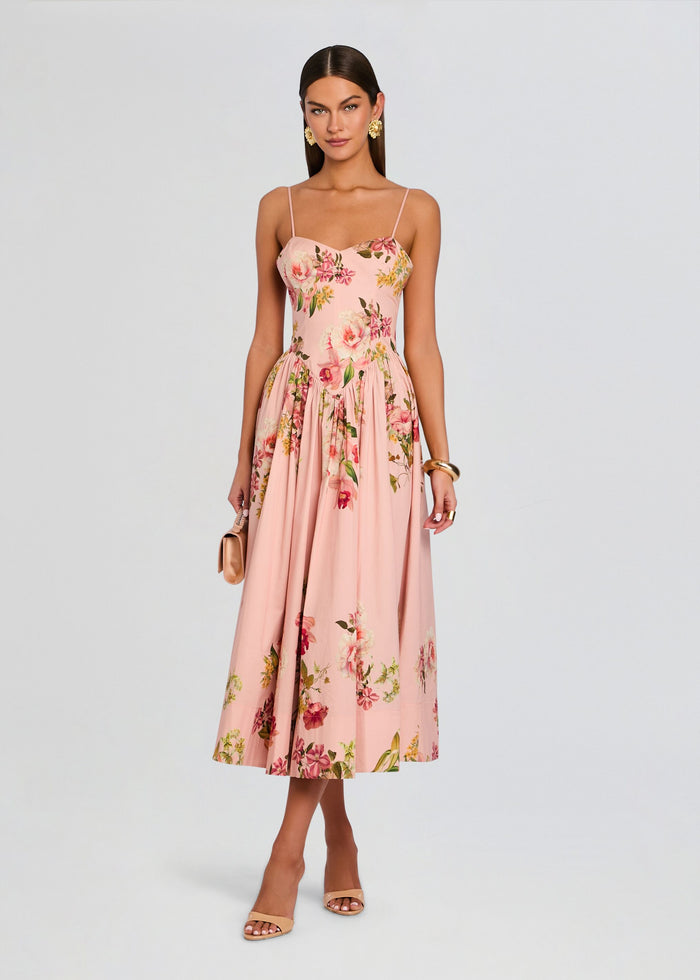 Pink floral corseted midi dress with spaghetti straps and a full pleated skirt. media 1 of 5