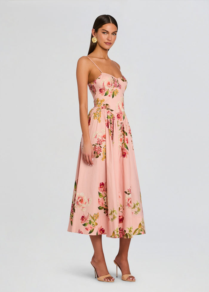 Ayla Corseted Midi Dress in pale pink floral print with a fitted corseted bodice and full midi skirt. media 3 of 5