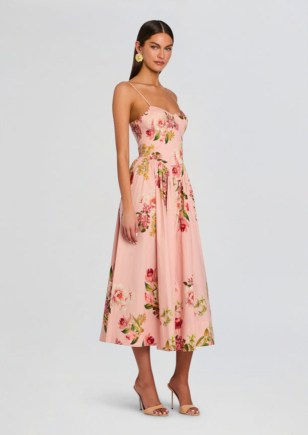 Ayla Corseted Midi Dress in pale pink floral print with a fitted corseted bodice and full midi skirt.