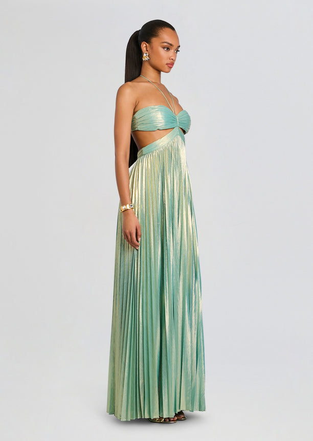 Keira Dress mint metallic with twisted strapless bodice and halter ties, cutout waist, and a long pleated skirt