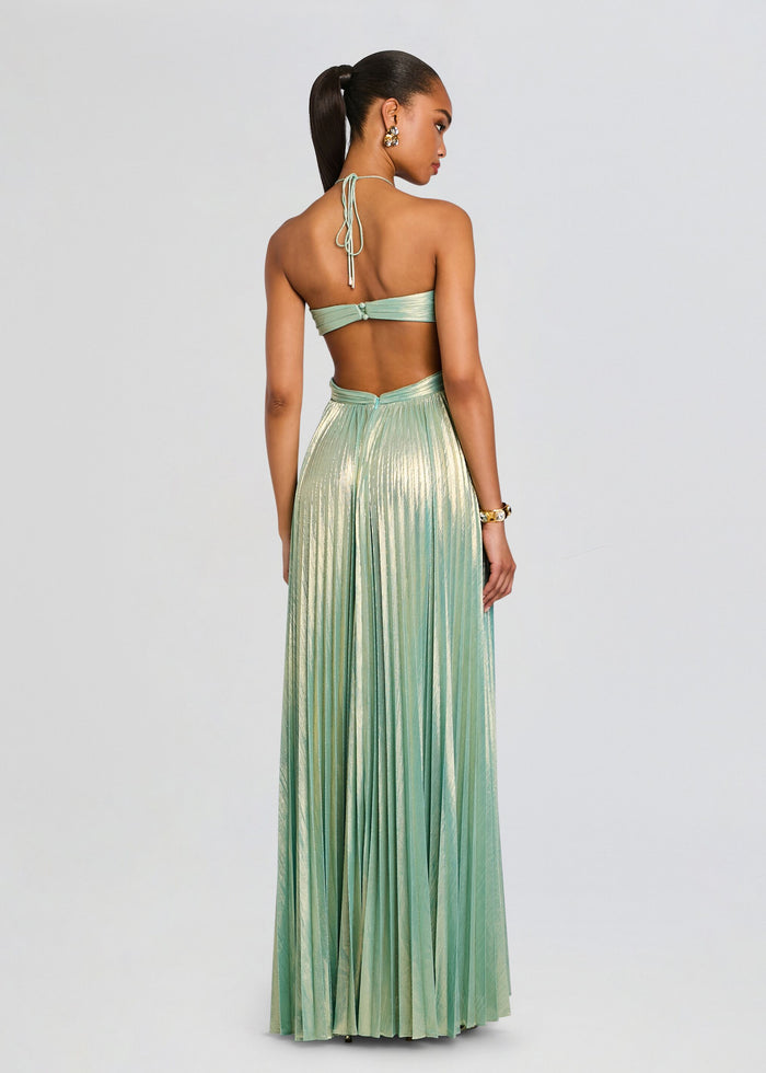 Back view of Keira Dress mint metallic with halter neck ties and back clasp, flowing pleated skirt media 4 of 5