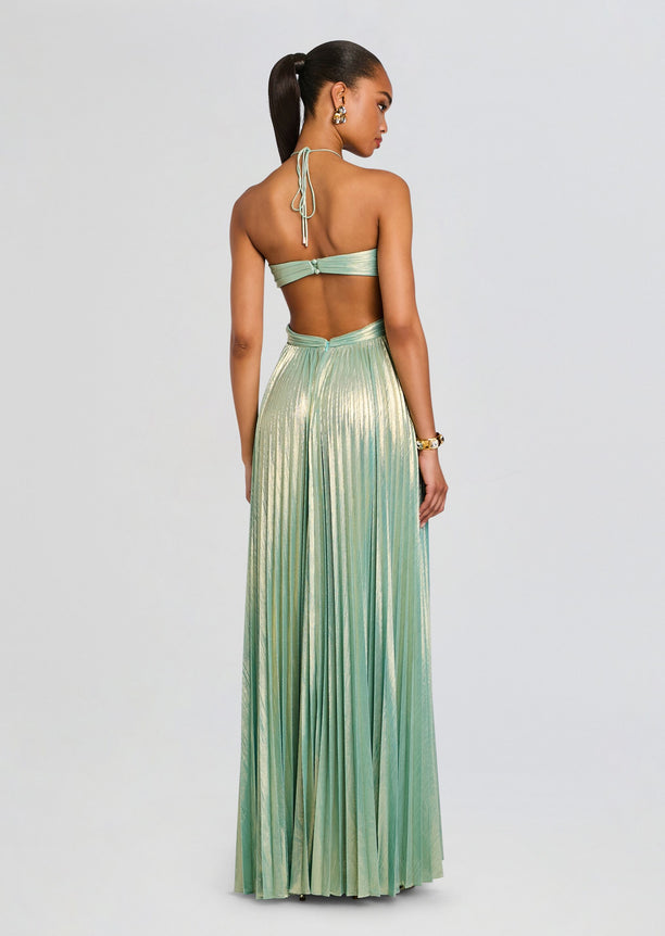 Back view of Keira Dress mint metallic with halter neck ties and back clasp, flowing pleated skirt