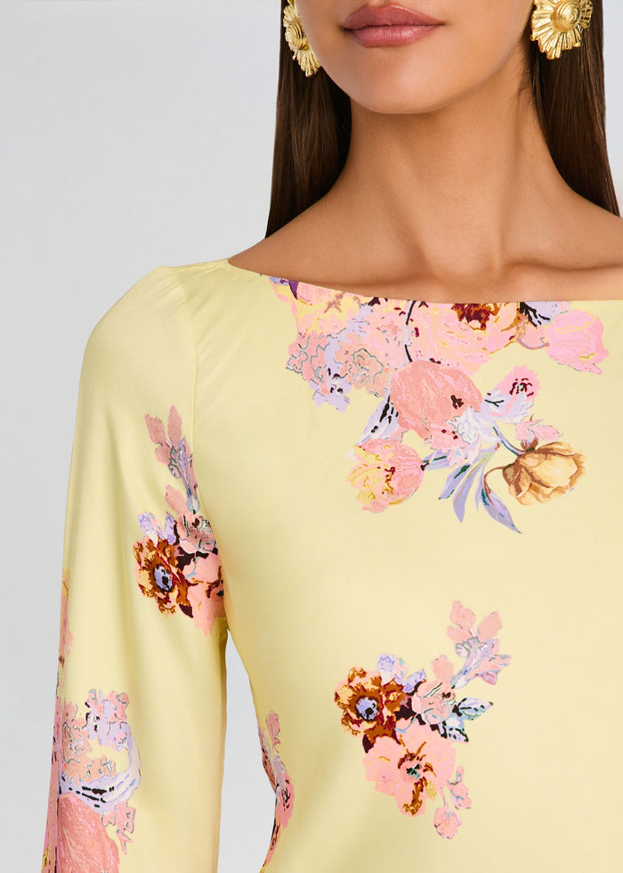 Close-up of Kysha Long Bias Dress fabric with pastel pink floral print and boat neckline media 2 of 5