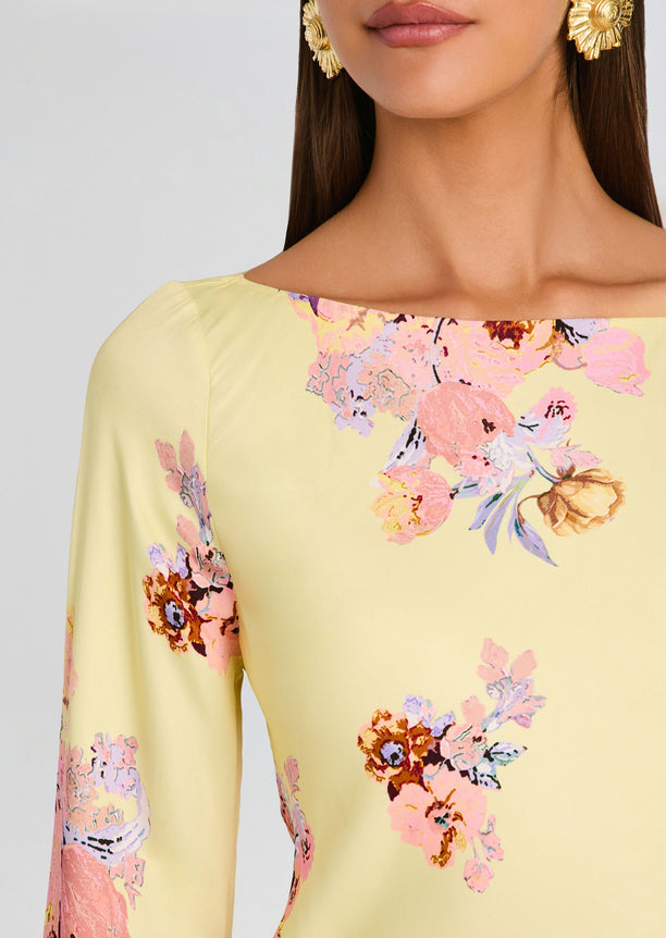 Close-up of Kysha Long Bias Dress fabric with pastel pink floral print and boat neckline