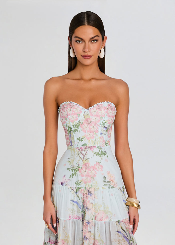 Front view of Danny Long Dress, pastel floral strapless maxi with scalloped neckline worn by a model. media 5 of 5
