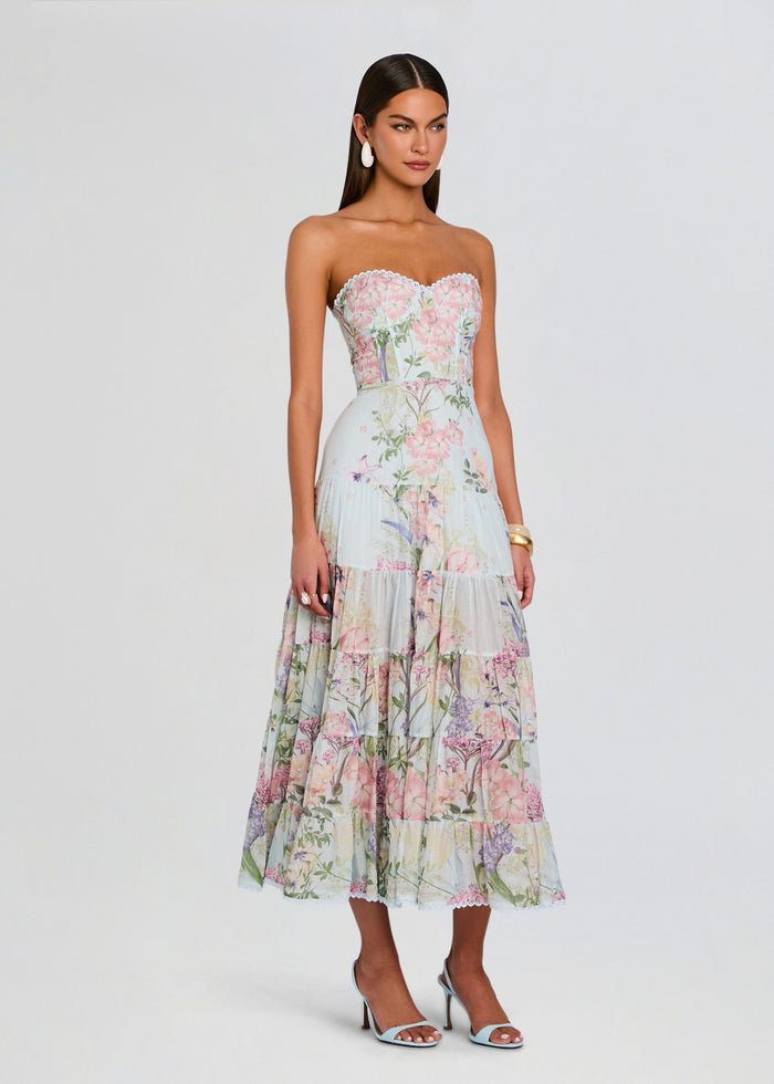 Front view of Danny Long Dress, a pastel floral strapless maxi with lace scalloped neckline and tiered skirt. media 3 of 5