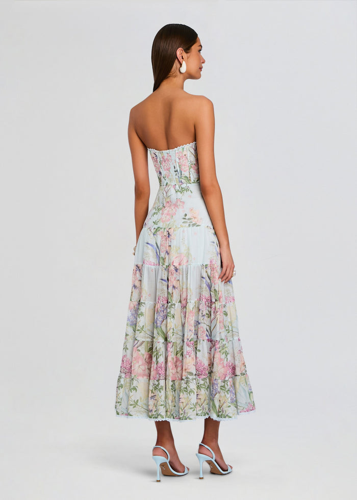 Back view of Danny Long Dress, strapless pastel floral maxi with corset-style bodice and tiered skirt. media 4 of 5