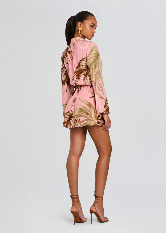 Back view of pink palm leaf print mini dress with a detachable belt at the waist. media 4 of 5