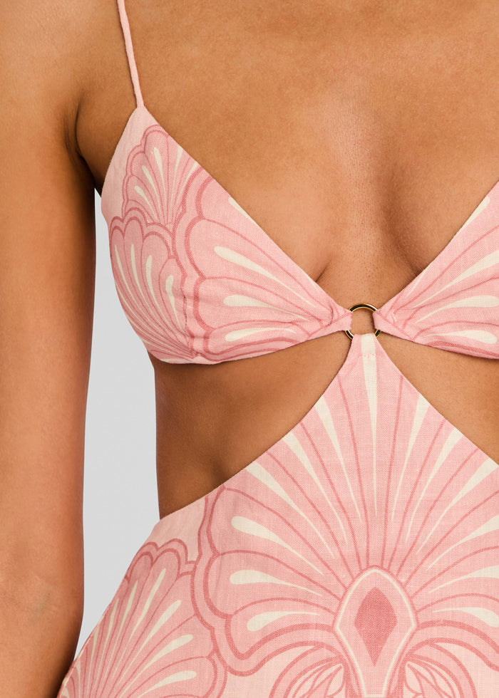 Pink patterned triangle top with a central gold ring and slim shoulder straps from the Maya Maxi Dress media 2 of 5