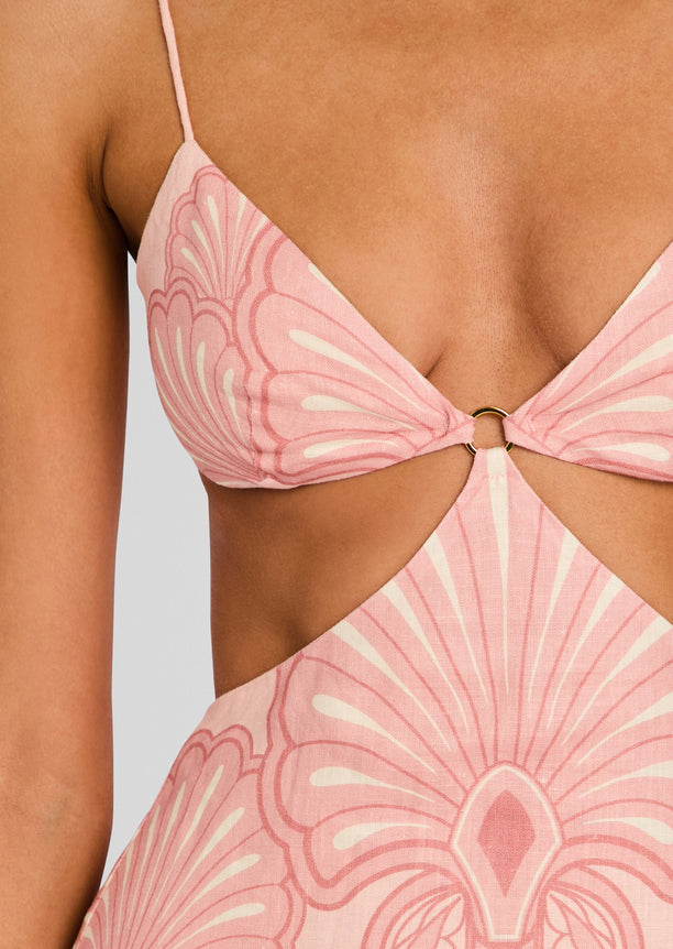 Pink patterned triangle top with a central gold ring and slim shoulder straps from the Maya Maxi Dress