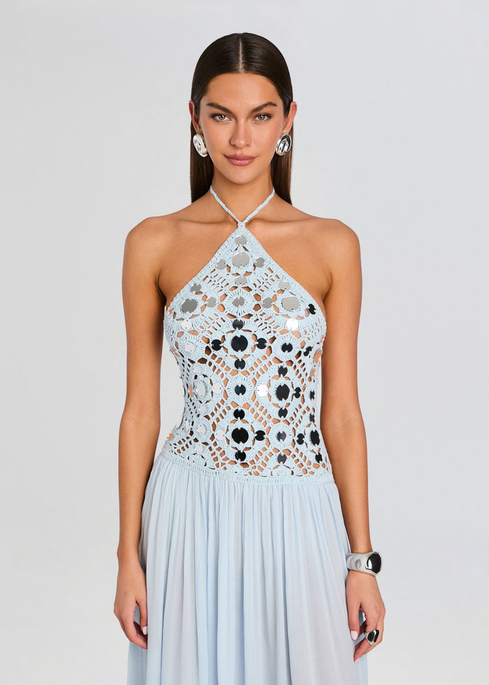 Odetta Crochet Dress in pale blue with halter neckline and intricate openwork crochet bodice flowing into a pleated skirt media 5 of 5
