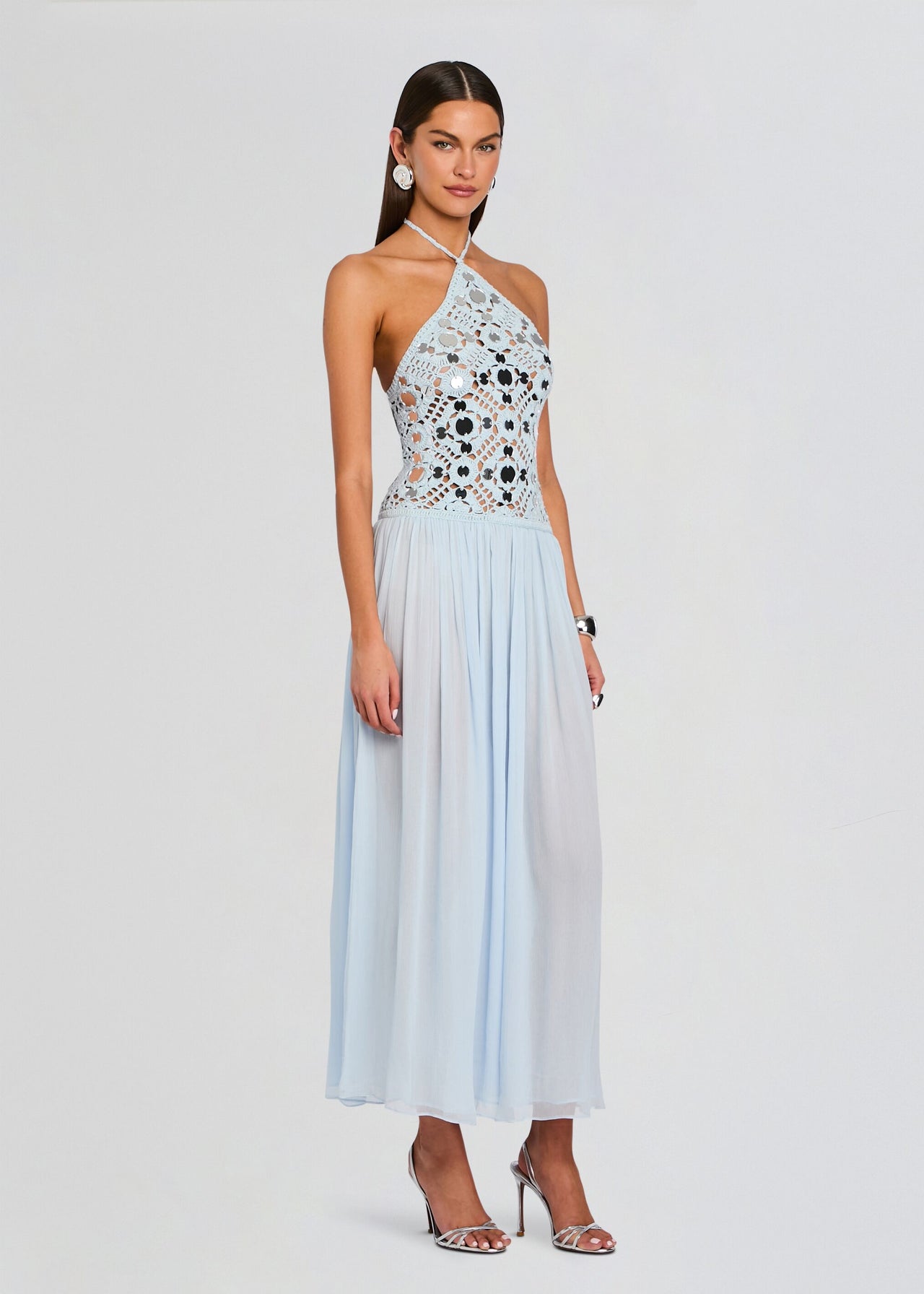 light blue crochet dress POWDER BLUE CROCHET LONG MIDI DRESS – House of Daang main image 0