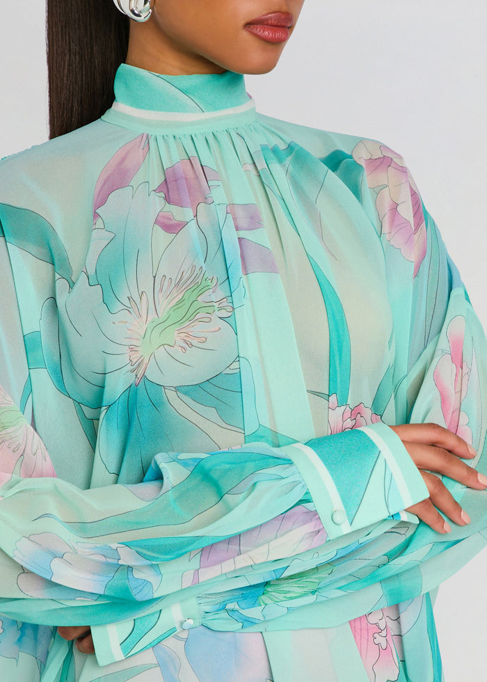 Close up of Olympia Top in mint floral print with gathered neckline and long sleeves with cuffs media 3 of 7