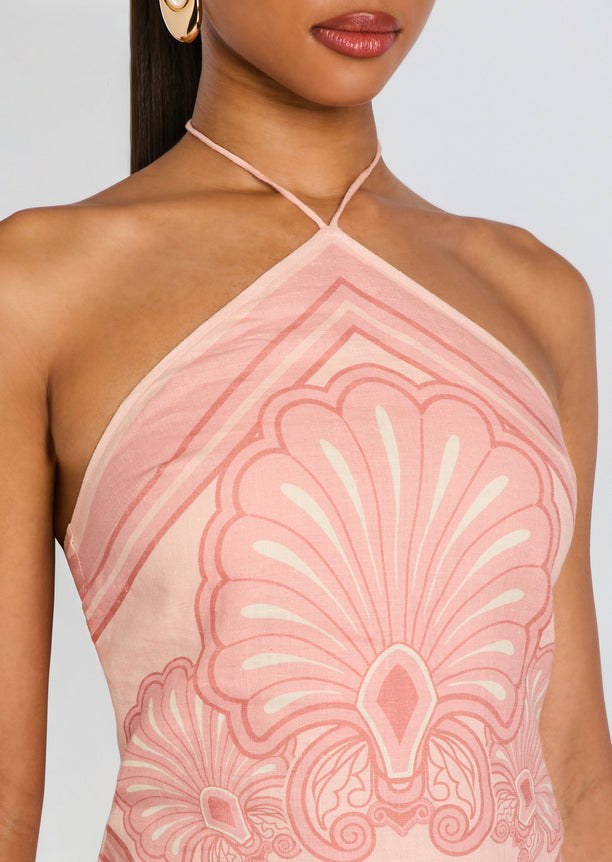 Close-up of Rosa Top showing the pink halter neckline and detailed pattern