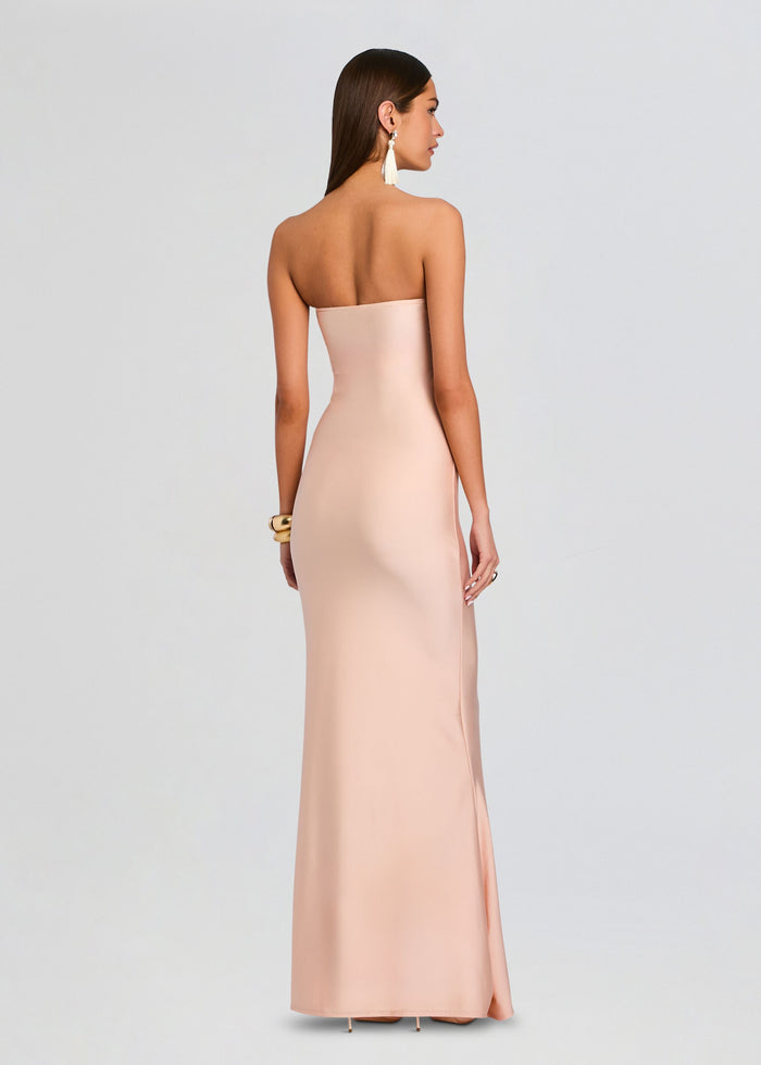 Back view of a blush pink Rose Maxi Dress strapless gown with a sleek silhouette. media 4 of 5