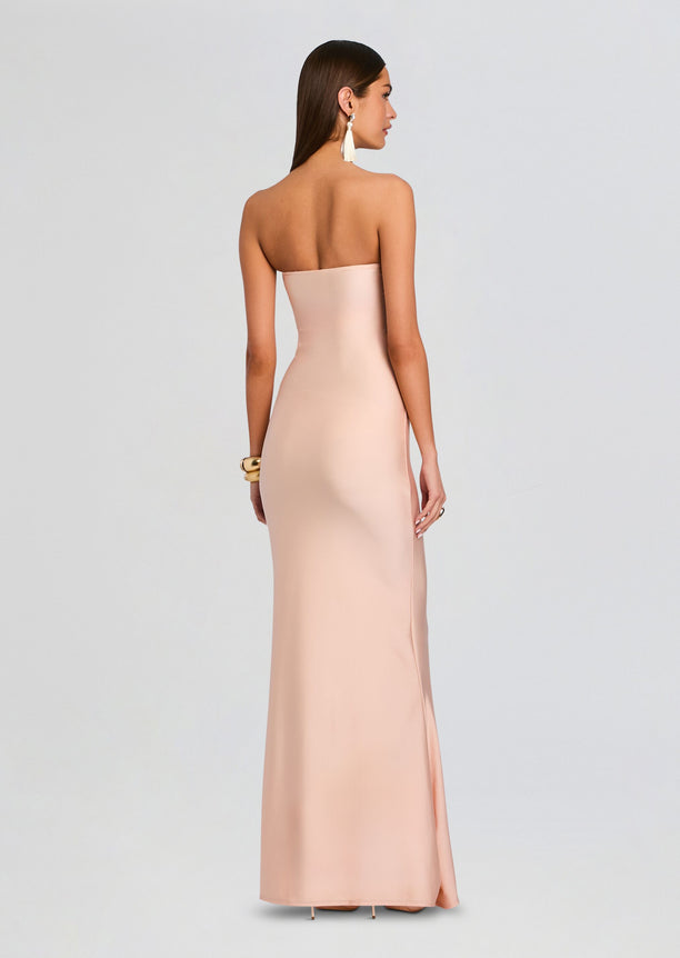 Back view of a blush pink Rose Maxi Dress strapless gown with a sleek silhouette.