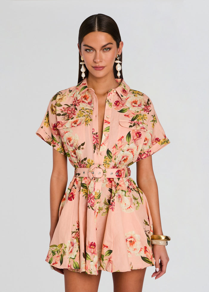 Pink floral belted short dress with chest pockets and a round belt buckle. media 5 of 5