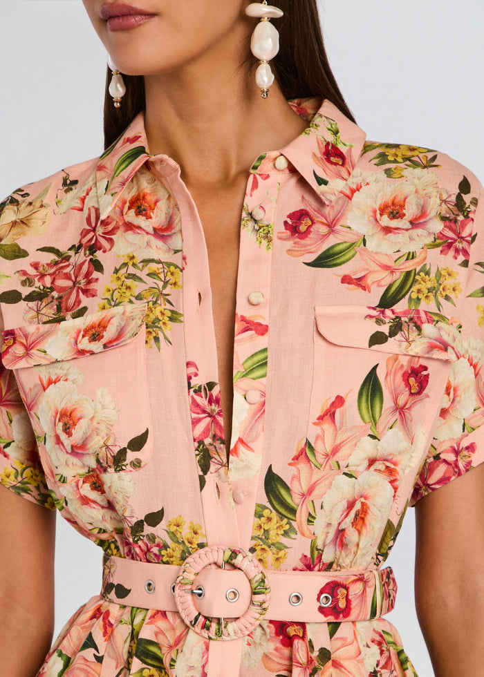 Ayla Short Dress With Belt Buckle close up of pink floral bodice with collar and belt buckle media 2 of 5