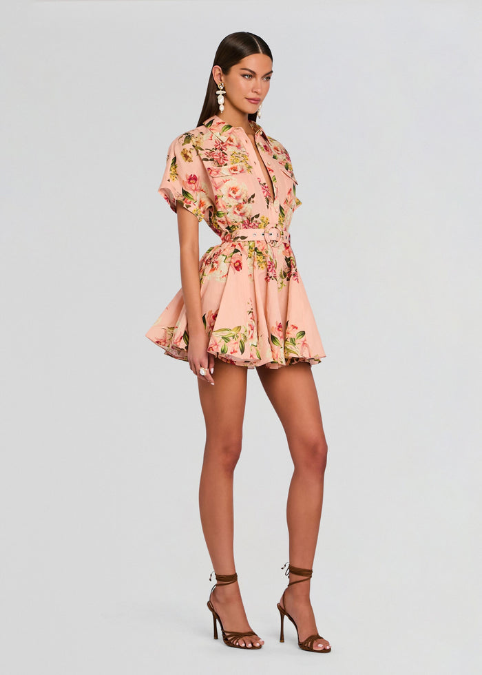 Full-body view of model wearing Ayla Short Dress With Belt Buckle in pink floral print with belted waist and strappy heels media 3 of 5