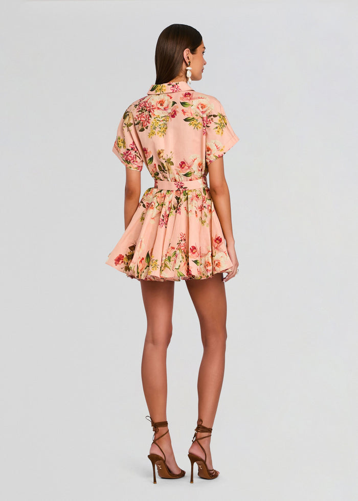 Rear view of model in pink floral Ayla Short Dress With Belt Buckle showing belt and flared skirt media 4 of 5