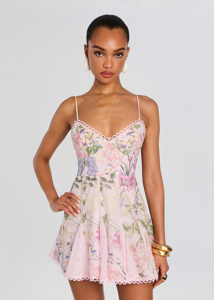 Front view of the Marlene Short Dress with delicate straps and scalloped lace trim media 5 of 5