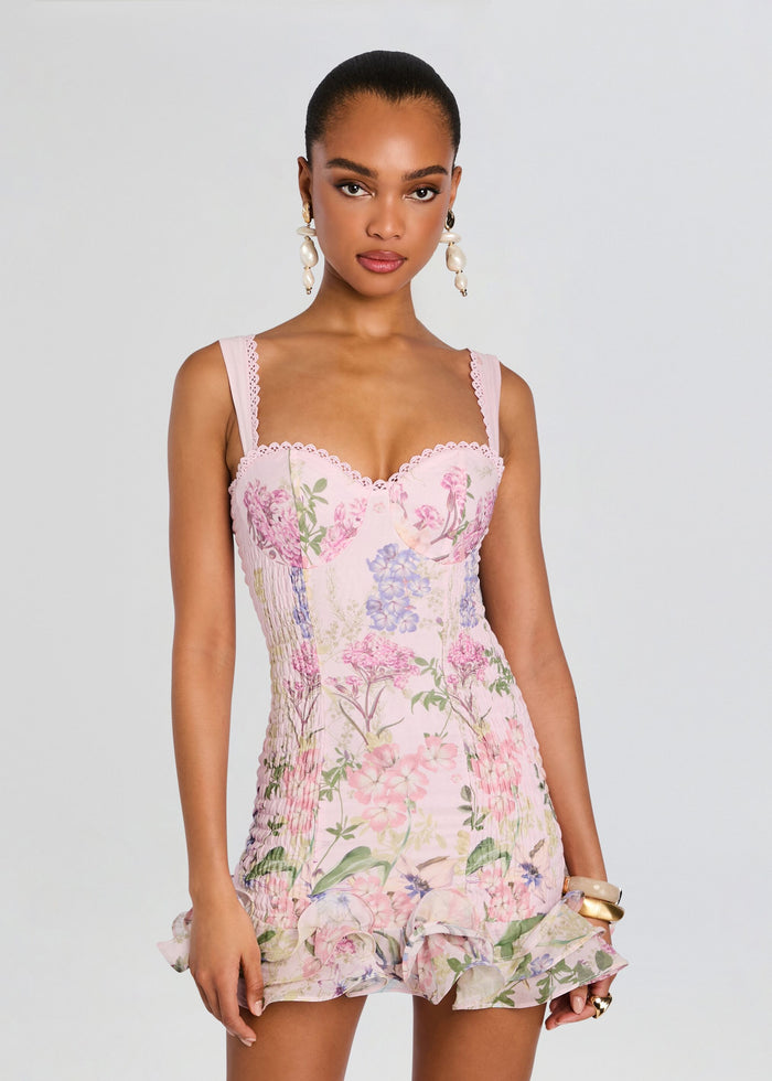 Model wearing Sunil Short Dress in pink floral print with scalloped lace trim media 5 of 5