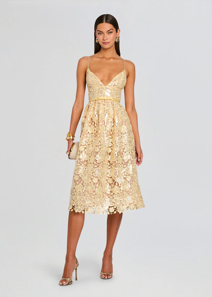 Champagne gold Eulalia Sequin Lace Dress with delicate floral lace, spaghetti straps, and a slim belt. media 1 of 5