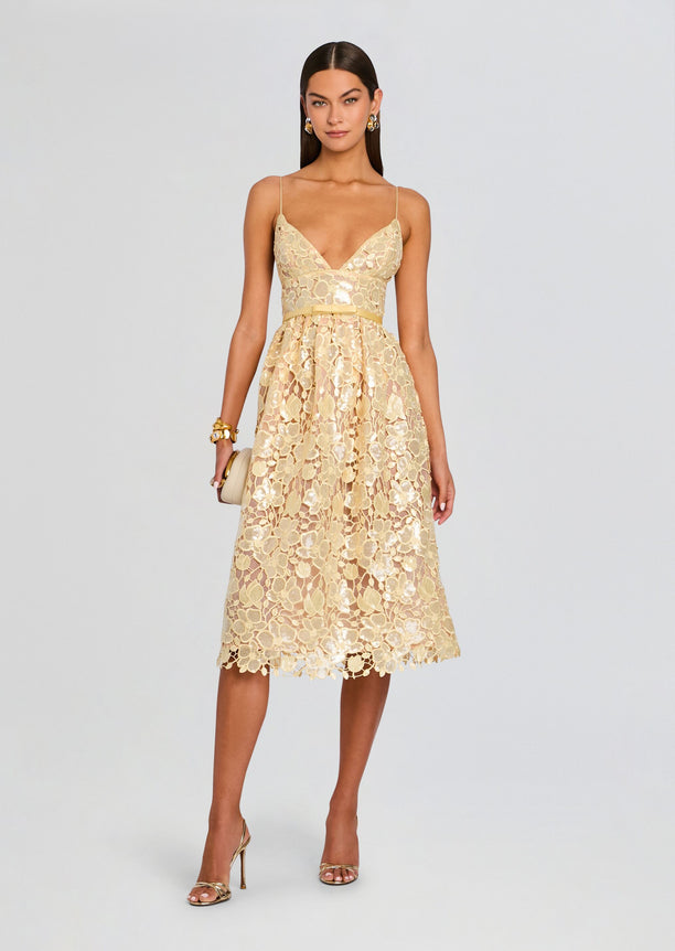 Champagne gold Eulalia Sequin Lace Dress with delicate floral lace, spaghetti straps, and a slim belt.