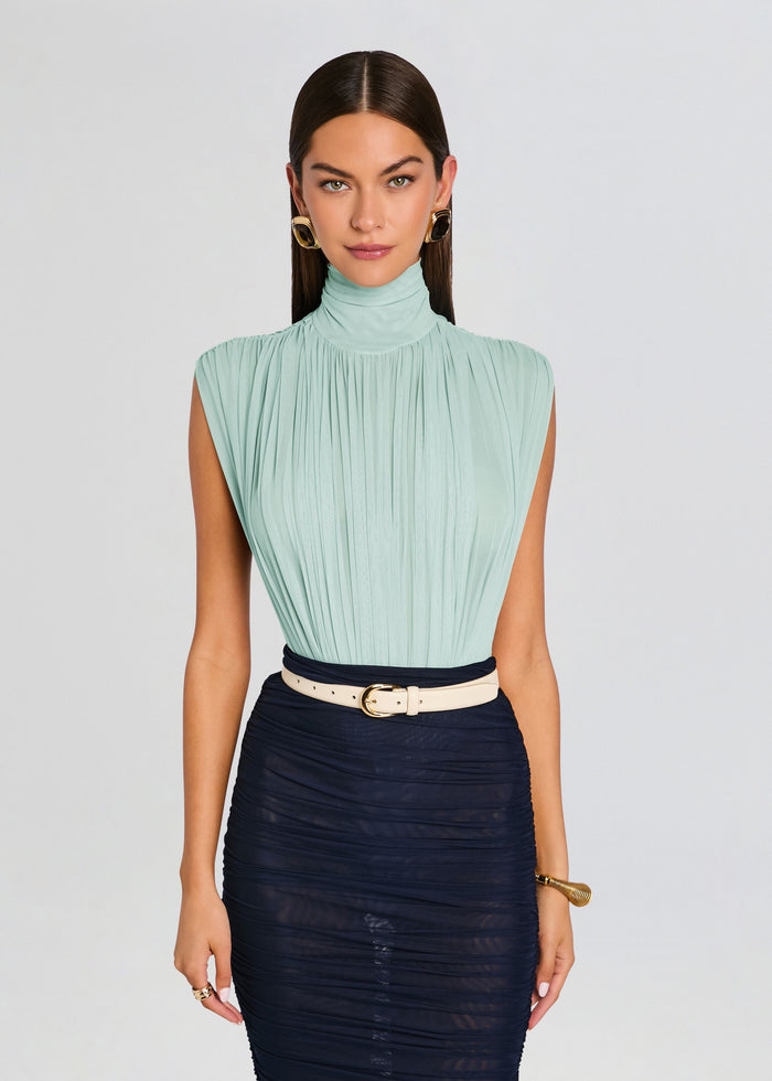 Front view of a mint green Giulia Bodysuit with a high neck and soft pleated drape at the chest media 1 of 5