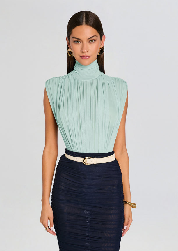 Front view of a mint green Giulia Bodysuit with a high neck and soft pleated drape at the chest