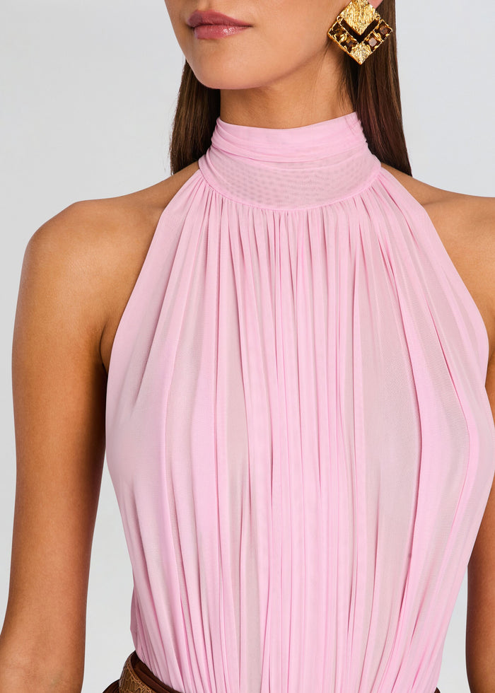 Close-up of pink Isola Bodysuit neckline showing dense vertical pleats and high collar. media 3 of 5