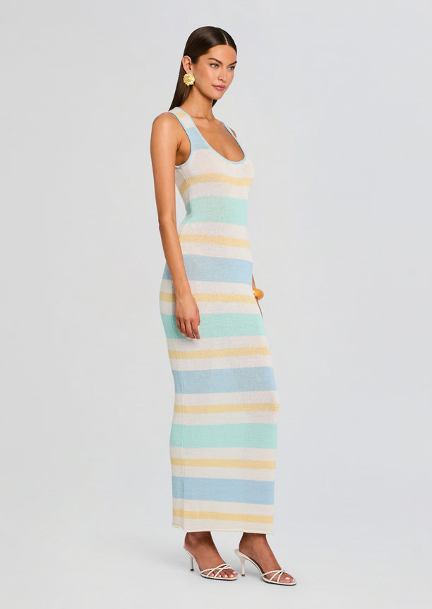 Side view of model wearing Jasmine Knit Dress a sleeveless pastel striped maxi dress in light blue mint cream and pale yellow.