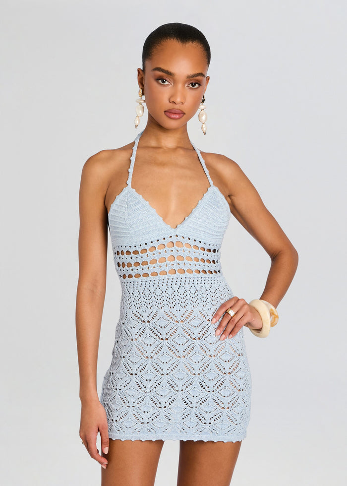 Front view of the Milene Crochet Dress featuring a halter neckline and intricate crochet pattern media 5 of 5