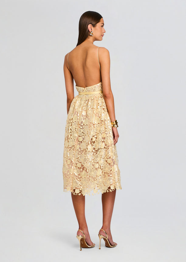 Back view of a champagne lace sequin midi dress with thin straps and a slim belt at the waist
