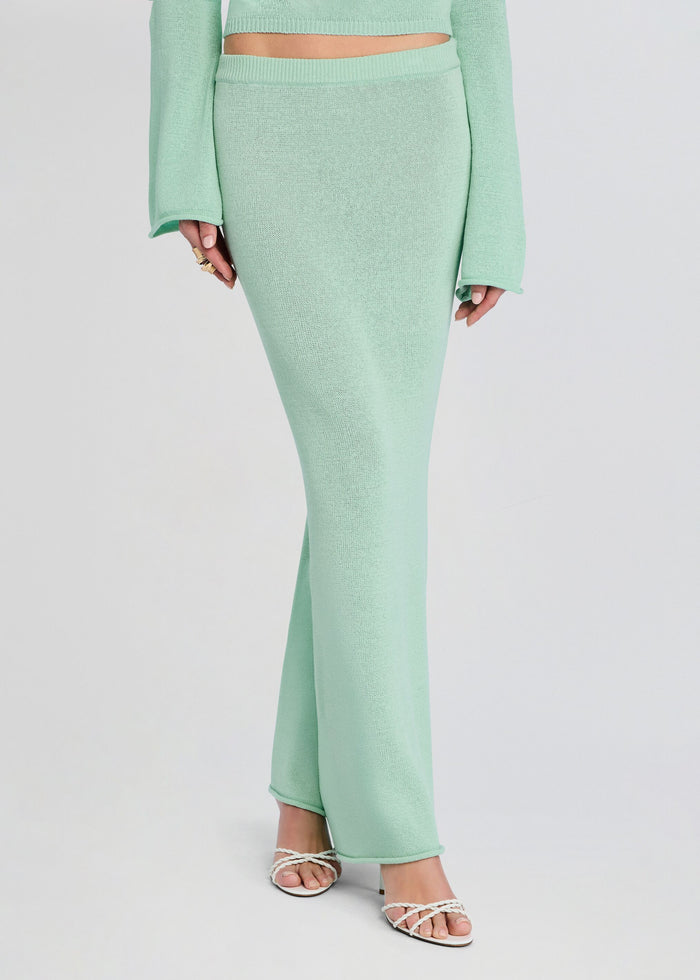 Mint Kora Knit Maxi Skirt worn with a matching cropped top, full-length view. media 1 of 5