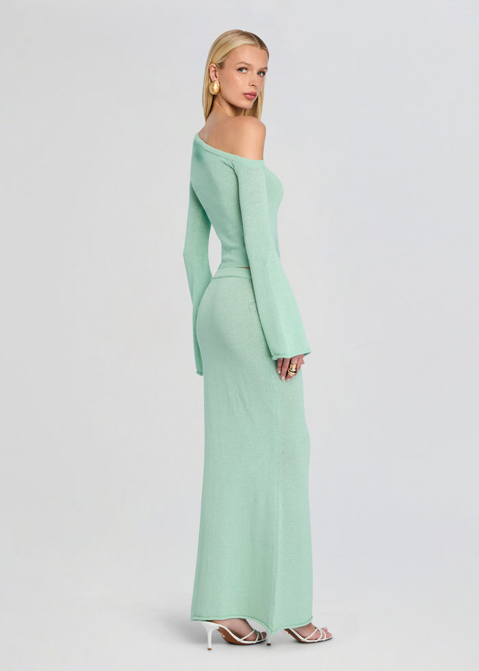 Back view of mint green Kora Knit Maxi Skirt set with off the shoulder top and floor length skirt media 5 of 5
