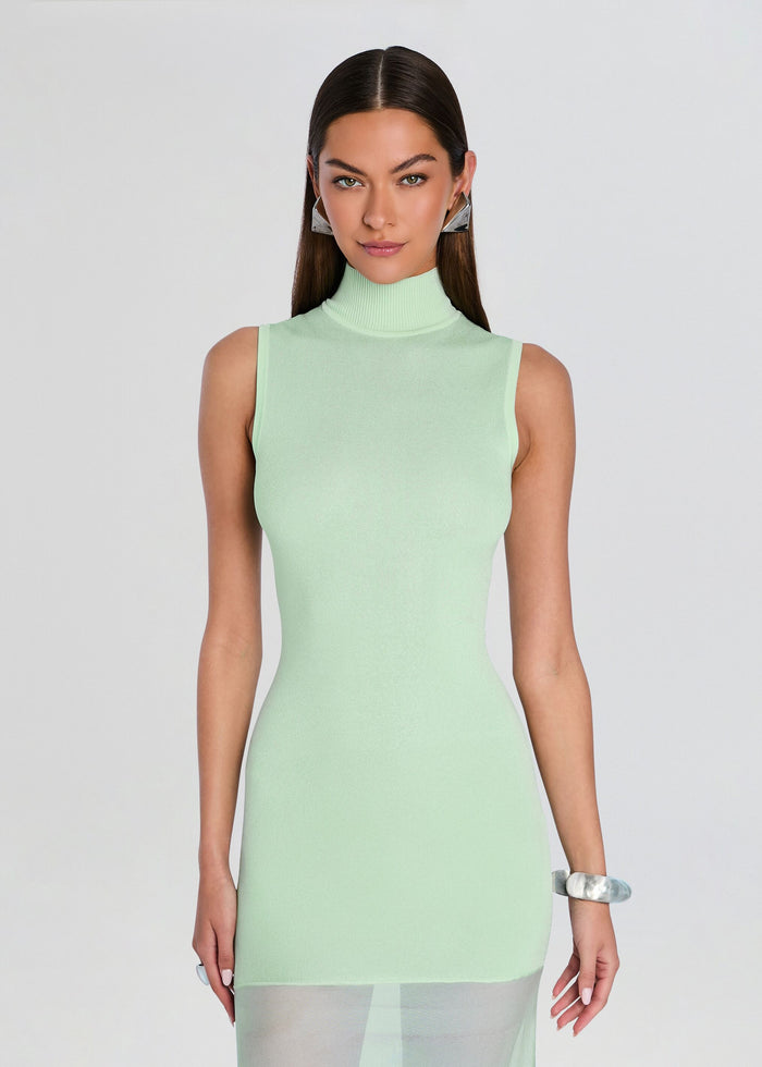 Mint green sleeveless knit maxi dress with a turtleneck on a model media 5 of 5
