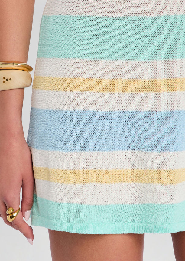 Close-up of knit fabric showing pastel horizontal stripes in turquoise cream and pale yellow.