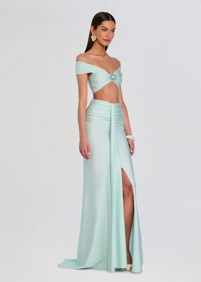 Mint green off the shoulder ruched crop top with matching high waist maxi skirt. media 4 of 5