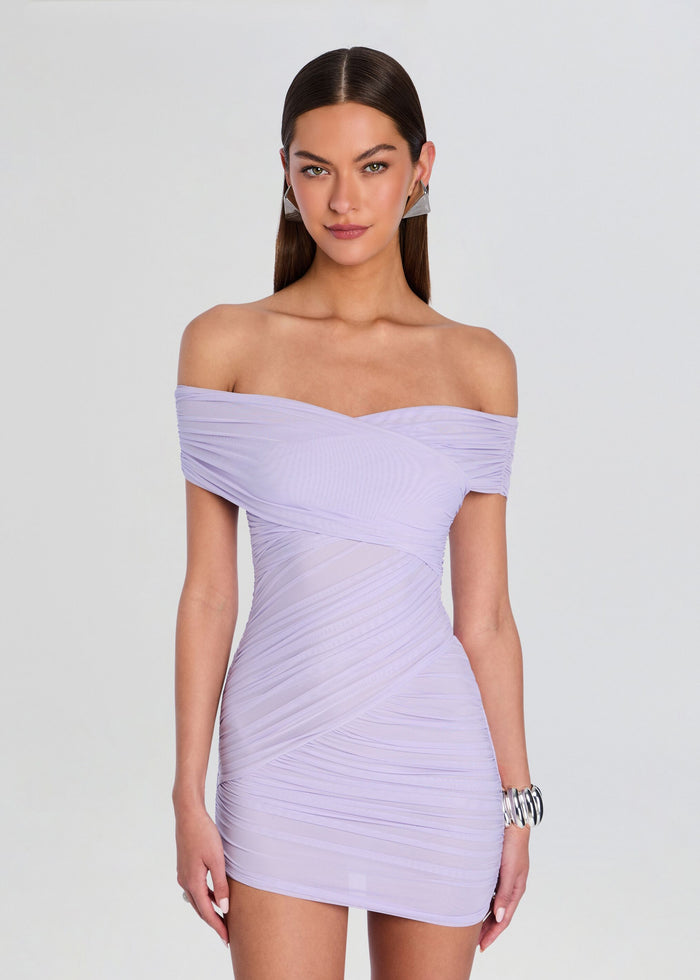 Lilac Deniz Mesh Mini Dress with off shoulder neckline and ruched draping media 5 of 5