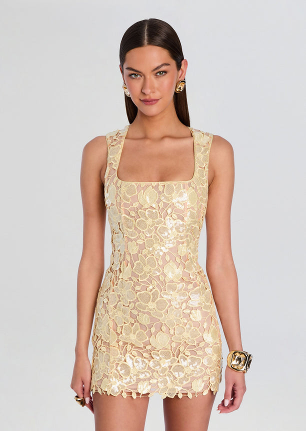 Model wearing Elainy Sequin Lace Dress with champagne floral lace and square neckline