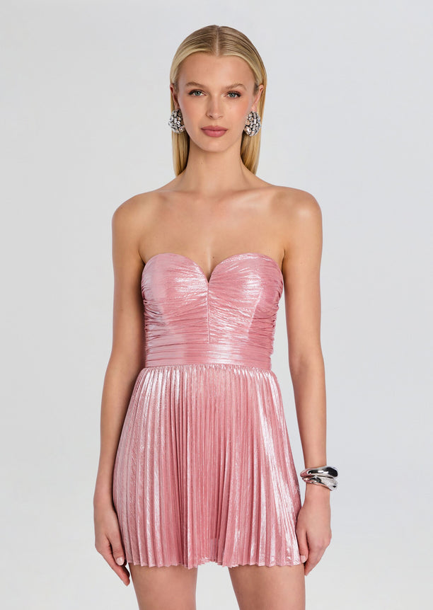 Front view of pink metallic Elvirra Dress with a sweetheart neckline and pleated short skirt.