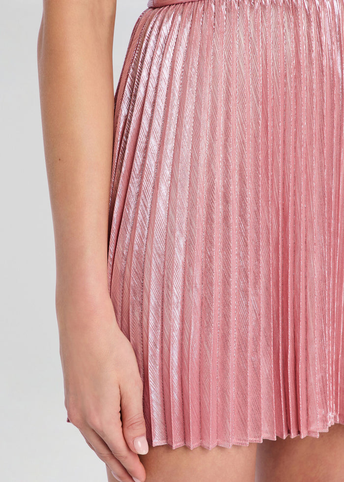 Close-up of pink metallic pleated fabric from the Elvirra Dress. media 2 of 5