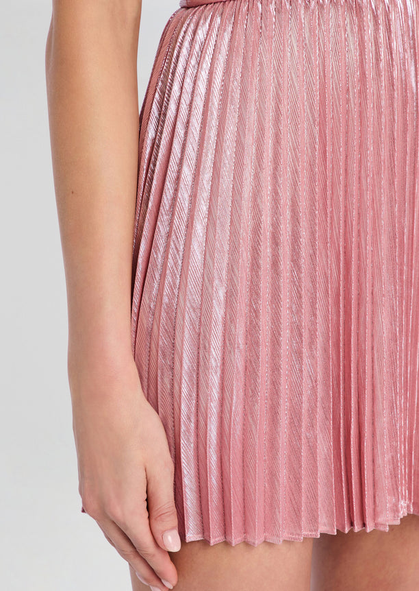 Close-up of pink metallic pleated fabric from the Elvirra Dress.