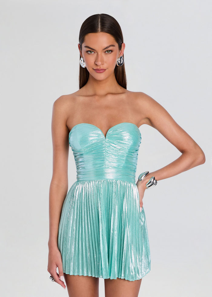 Front view of the Elvirra Dress on a model, turquoise metallic strapless sweetheart bodice and pleated skirt media 5 of 5