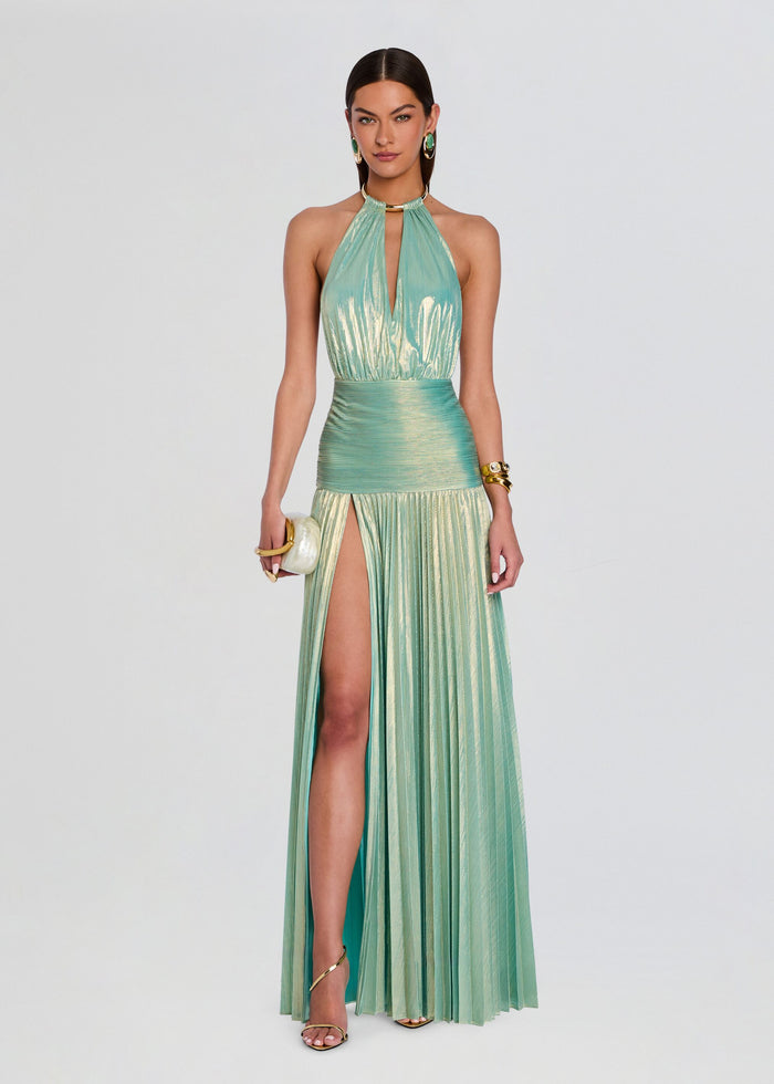 Full-length turquoise Faelina Dress with halter neckline, metallic pleats, and a high slit. media 1 of 6