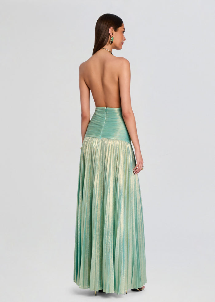 Back view of Faelina Dress in mint green with ruched waist and flowing metallic pleated skirt media 5 of 6