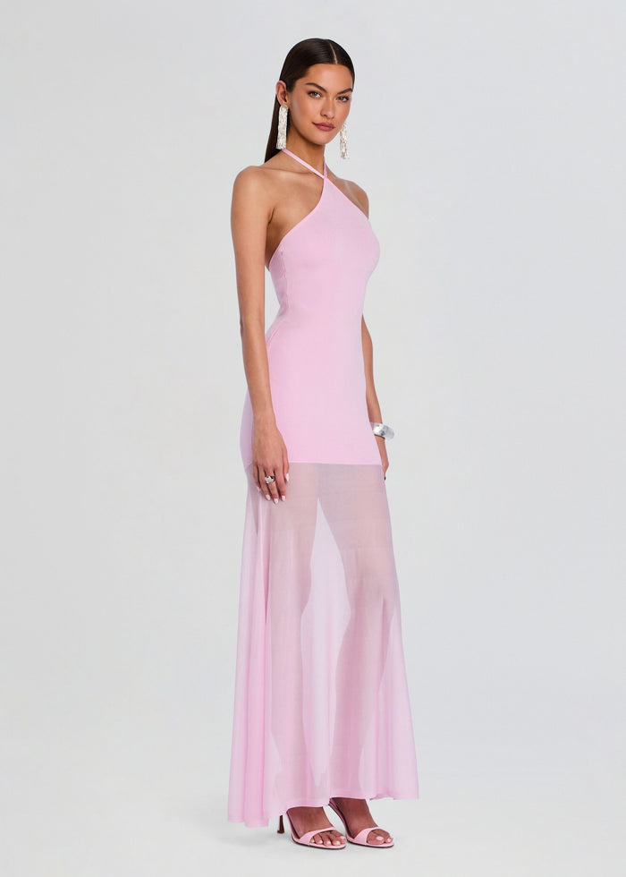 Front view of a pale pink Jemma Knit Maxi Dress with a halter neckline and sheer mesh lower skirt. media 3 of 5